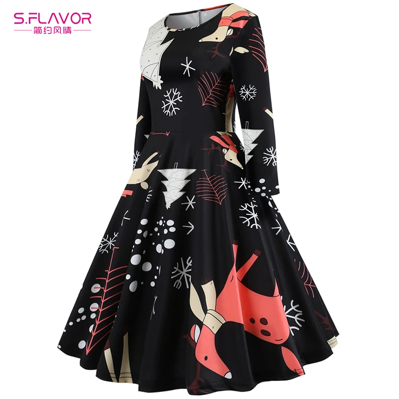 S.FLAVOR 2018 New Fashion Women Vintage Christmas Dress Printed Floral Kawaii O-neck Long Sleeve Slim Party Dresses | Женская одежда