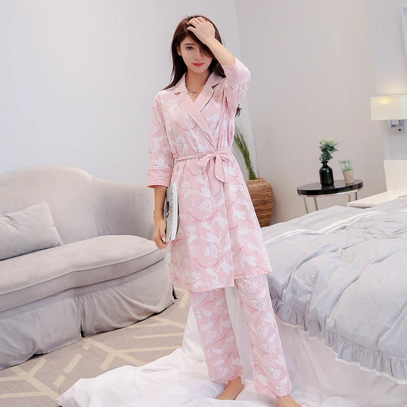Autumn Cotton Pajamas Women 3pc Robe&Top&Pants Bathrobe Women Bedroom Print Homeclothes Pink Nightwear Sleepwear Robe Women