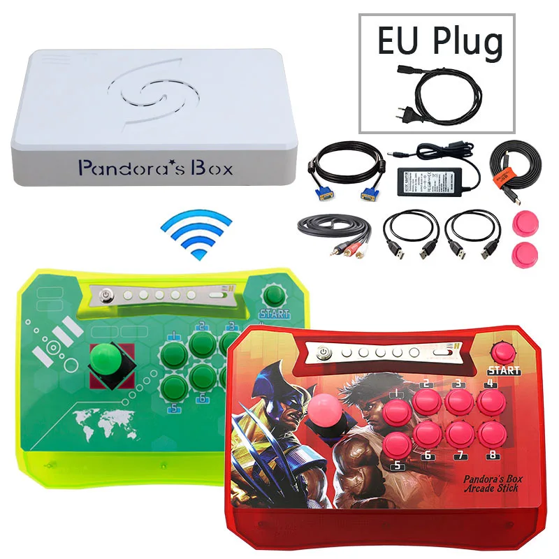 Pandora's Box 6 беспроводной джойстик для аркадных игр консоли комплект ящик Пандоры 6 1300 в 1 мульти настольная игра PS3 ПК игровой контроллер консоли 3d - Цвет: 2P green red EU plug