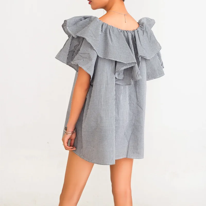 Платье Daily Apparel Women 2019 Fashion Designer Clothing Casual Summer Slash Ruffle Neck Off Shoulder A Line Plaid Beach Mini Dress.