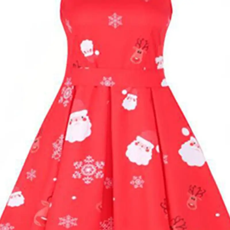 2018 Autumn Retro Round Neck Sleeveless Christmas Print Dress High Waist Pleated | Женская одежда