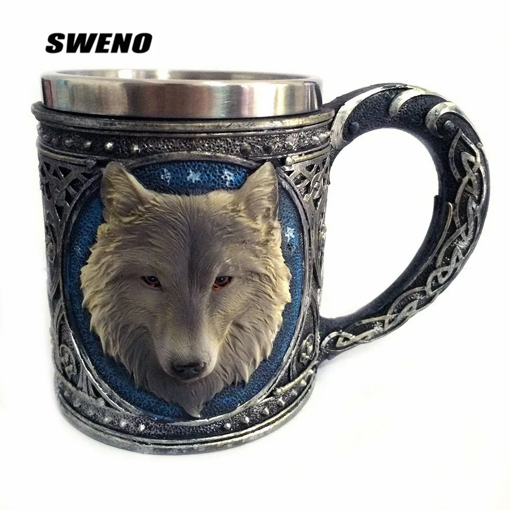 SWENO New Strange Wolf Head Mug 3D Resin Stainless Steel Cup Cartoon Animal Drinking | Дом и сад
