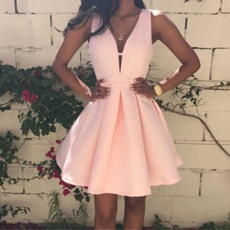 Летняя мода глубокий v-образным вырезом без рукавов a-line плиссированные lovely pink dress