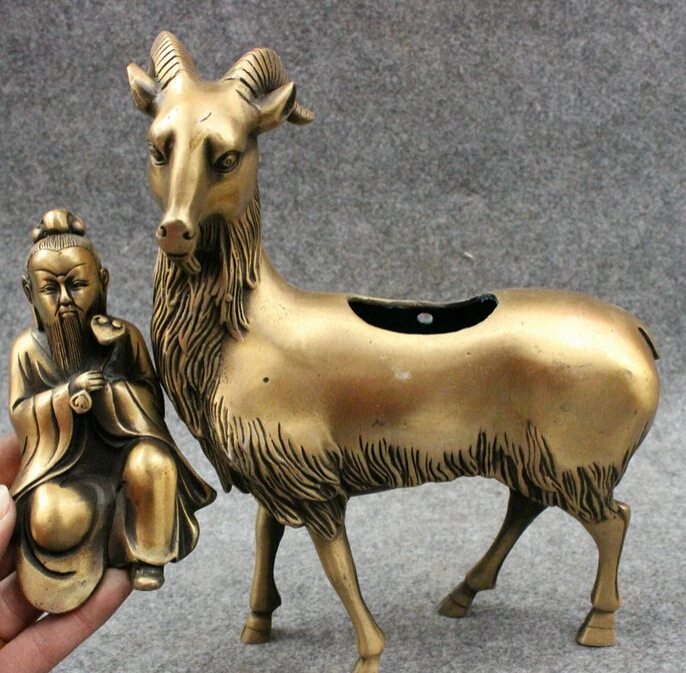 

song voge gem S5056 10" Chinese Bronze Old Man God Ride Sheep Goat Statue Incense Burner Censer