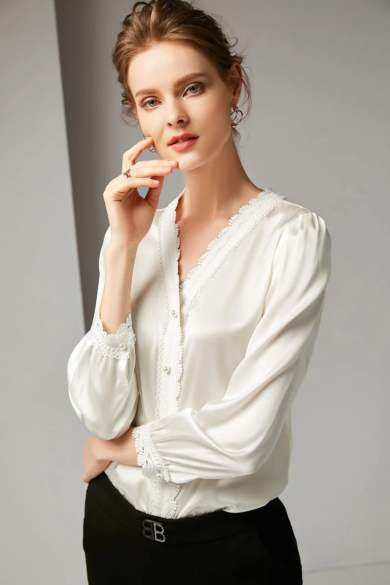 Женские модельные рубашки из 100% чистого шелка привлекательные с v образным