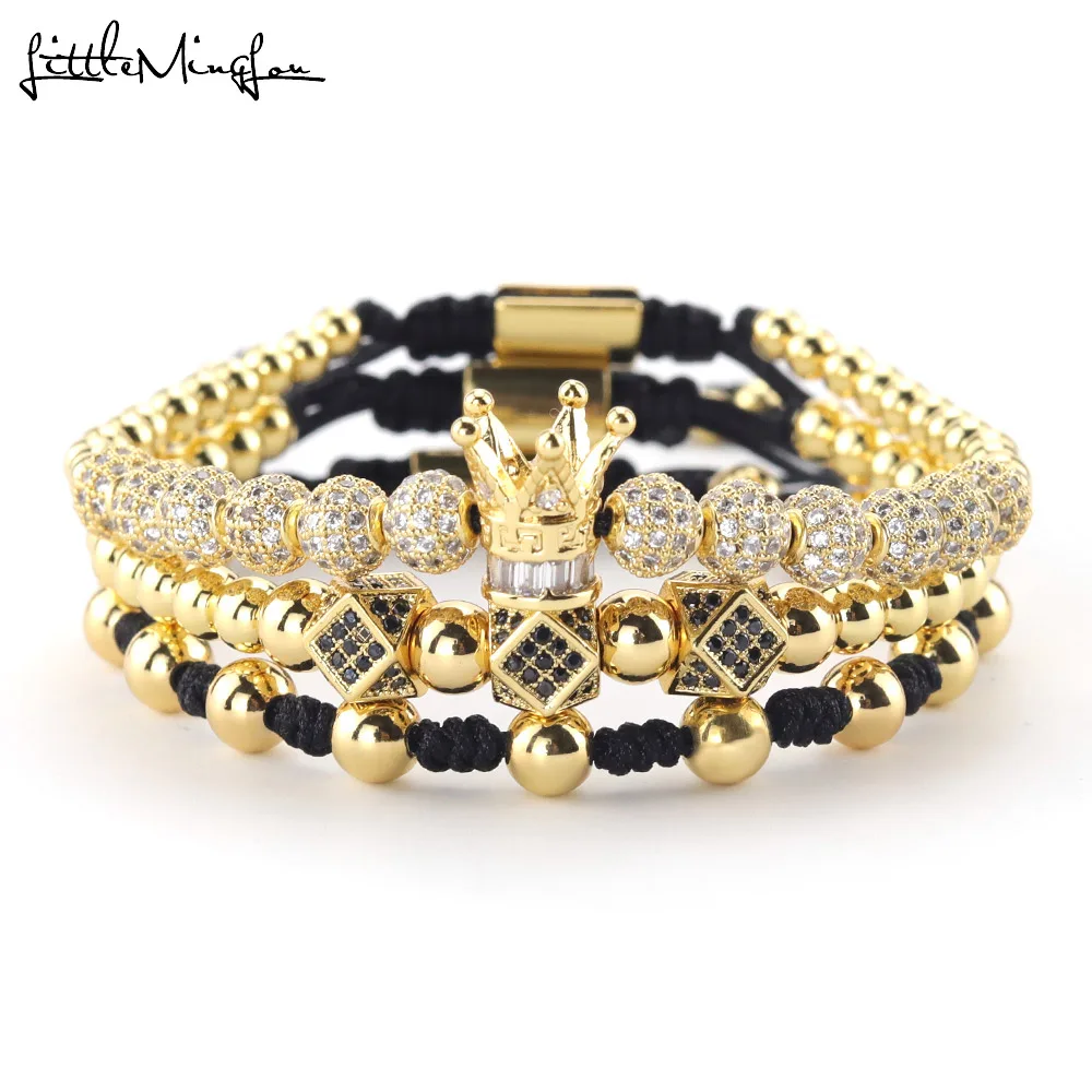 

Luxury Zircon Crown Bracelets Set Tube Polygon Ball Charm Copper Bead Macrame Braided Men Bracelets & Bangles For Men Jewelry