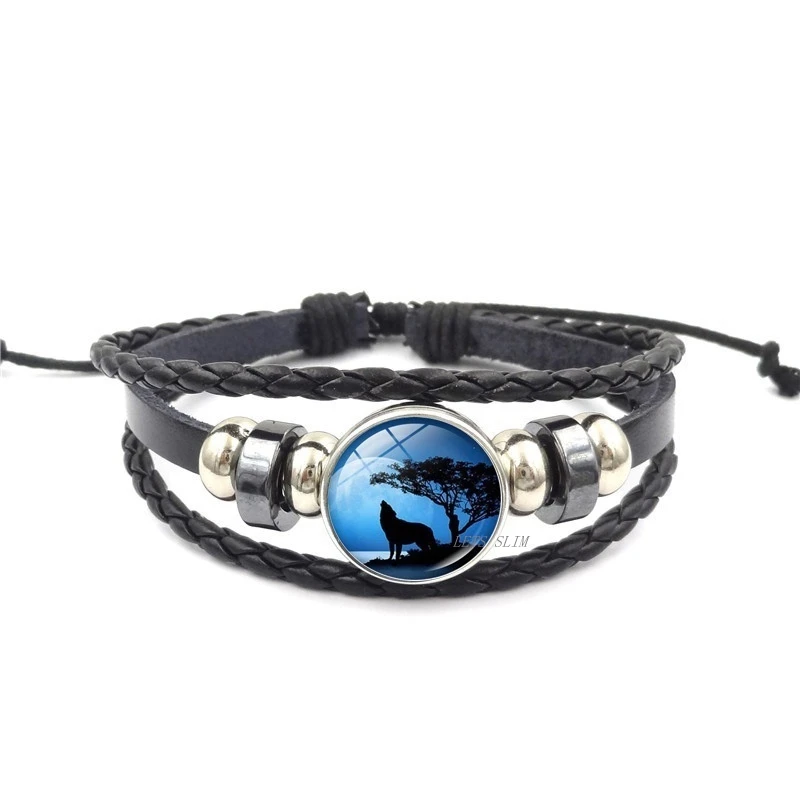 Fashion Black Leather Bracelet Wolf Head Glass Metal Buckle Punk Jewelry Weave Multilayer Charm Women Men | Украшения и