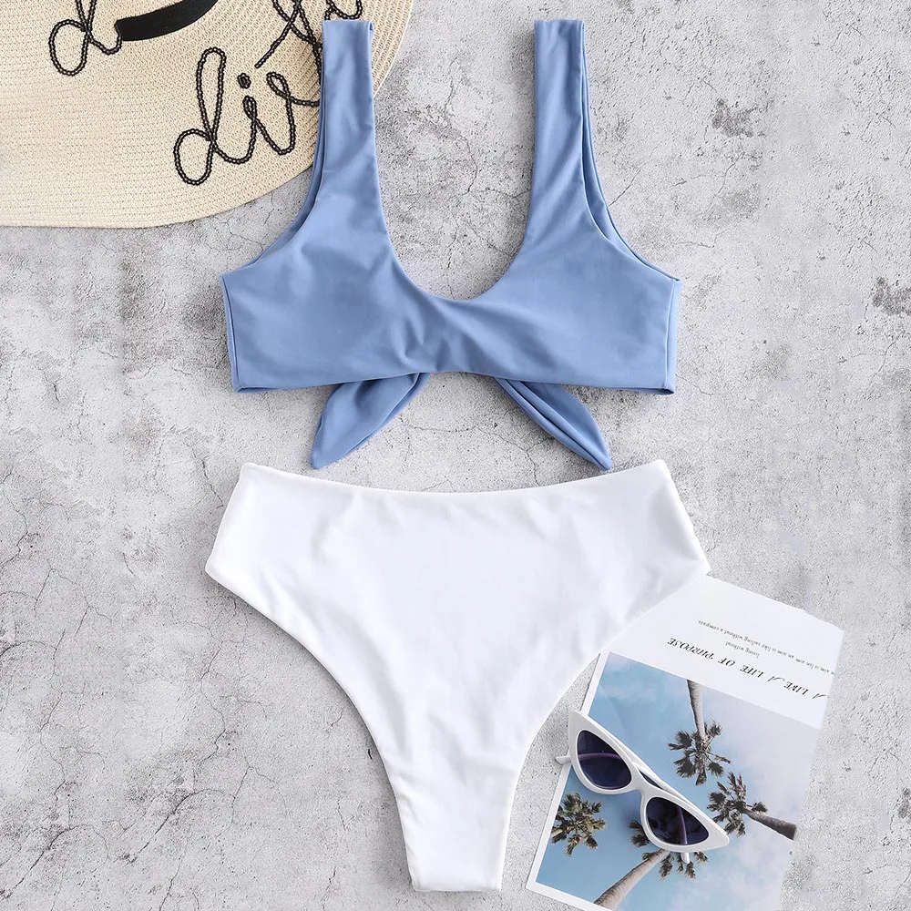 ZAFUL бикини с завязками спереди цветной блок высокой посадкой купальник талией