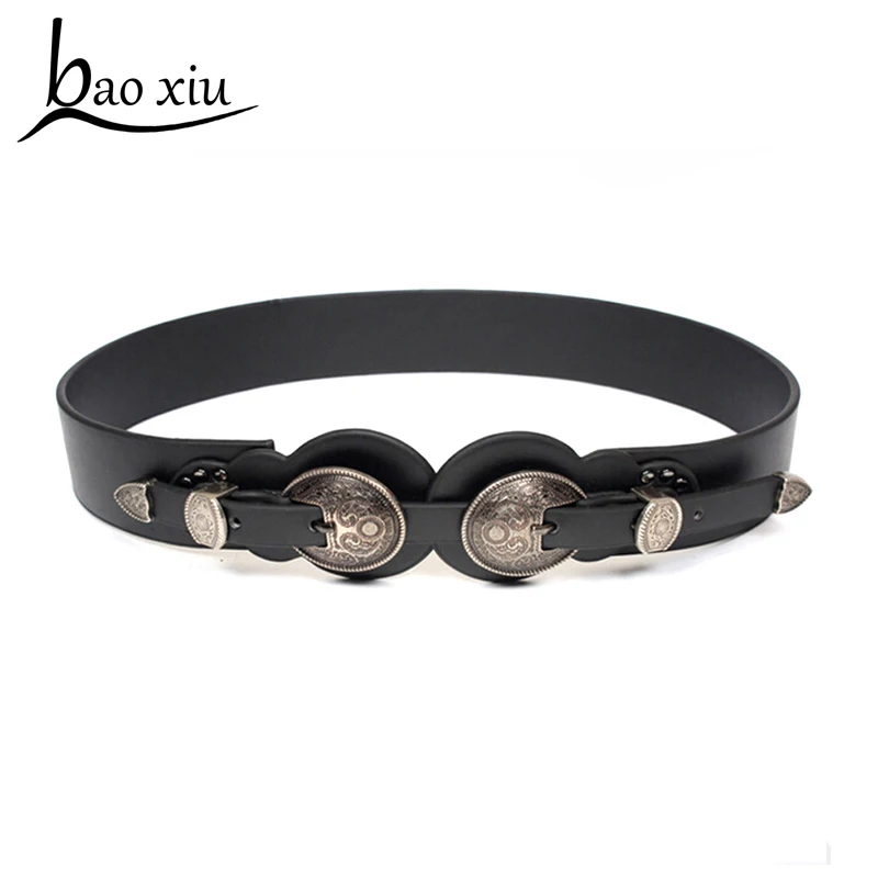 New Fashion vintage double silver metal buckle female leather belts for women carving waistband dress decoration Accessories