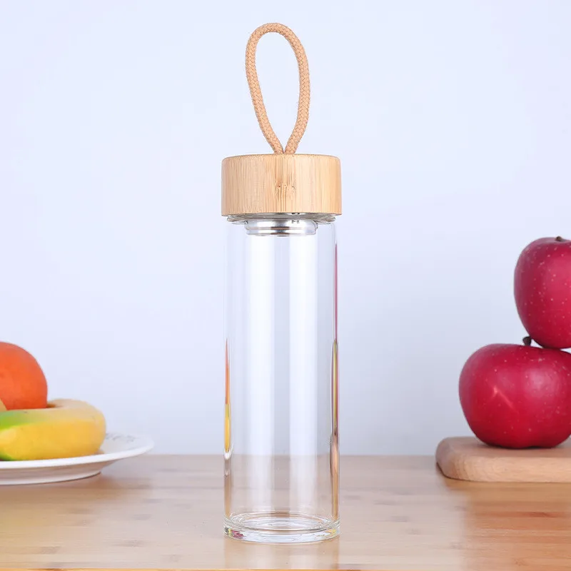 Bamboo Lid 380 мл 450 мл стеклянные бутылки для воды с бамбуковой крышкой с веревкой для питья, фуритовый чай в бутылках для путешествий, посуда для напитков, портативная Спортивная бутылка - Цвет: Bamboo Lid