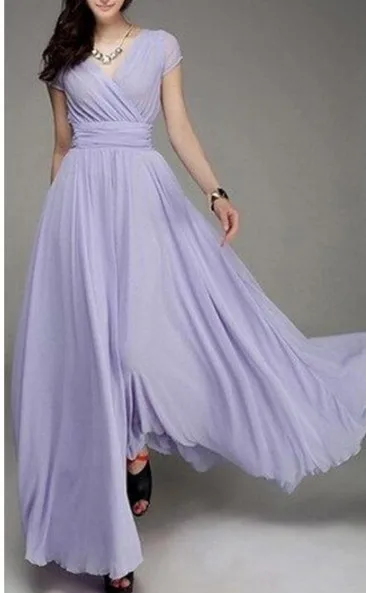 Женское длинное шифоновое платье с V образным вырезом и коротким рукавом|Женские