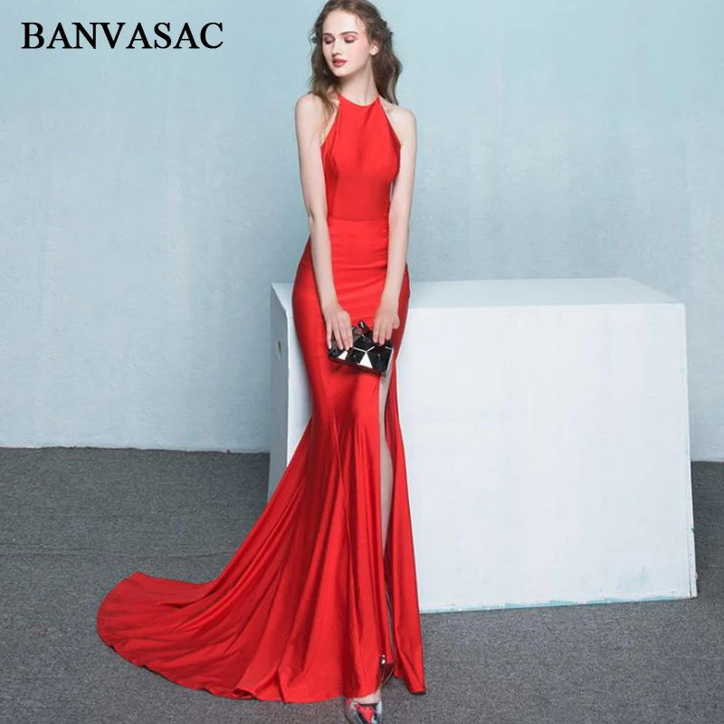 BANVASAC 2018 Элегантное Длинное Вечернее Платье с лямкой на шее разрезом и юбкой годе