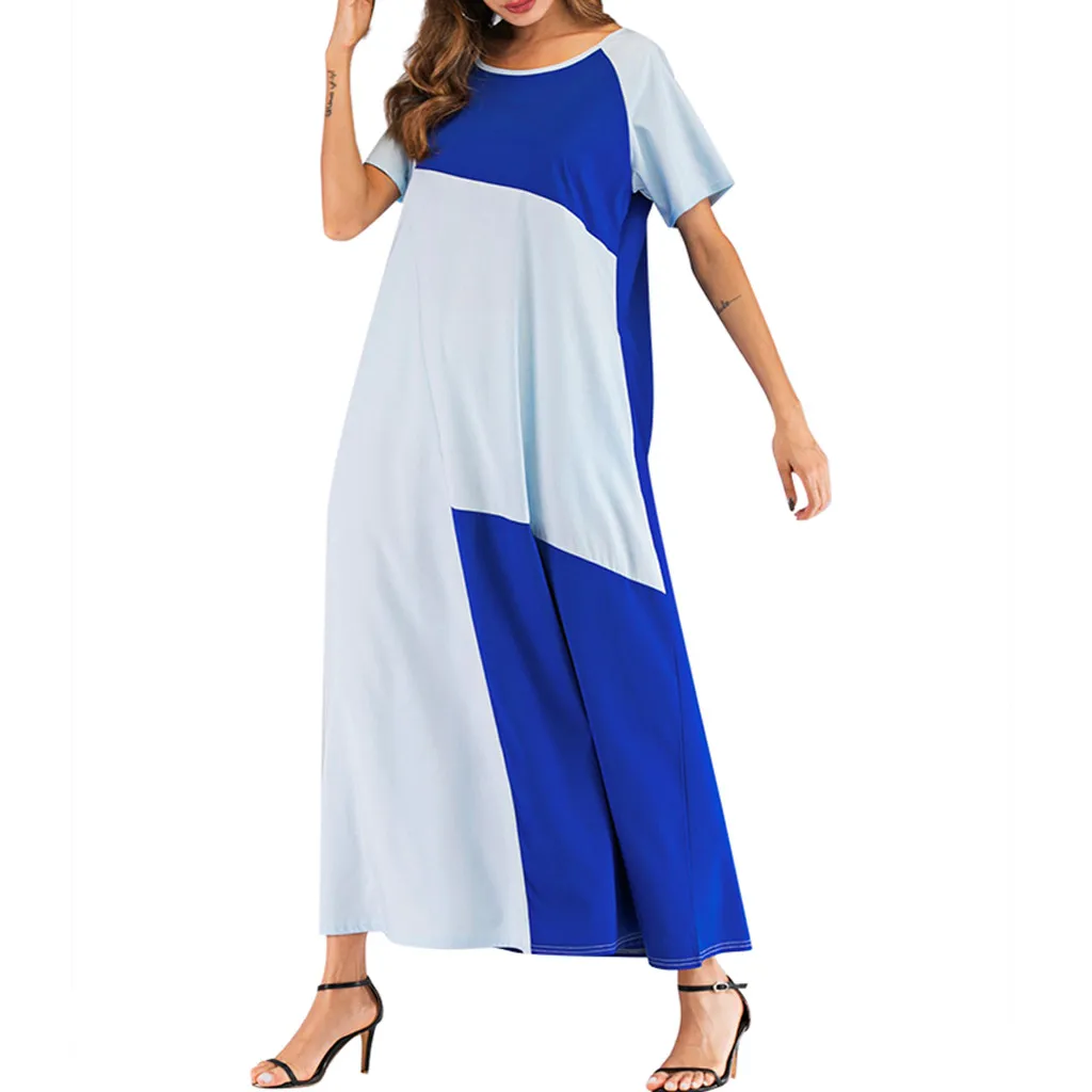2019 модное мусульманское платье женское лоскутное с круглым вырезом коротким