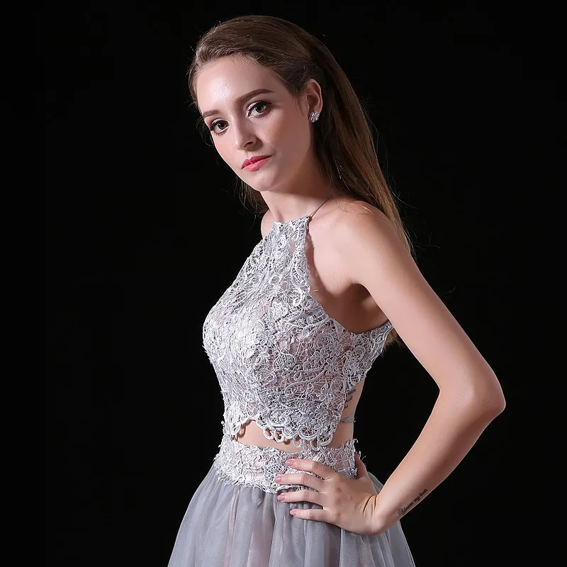Silver Homecoming Dresses A-line Haler Short Mini Tulle Lace Open Back Elegant Cocktail | Свадьбы и торжества