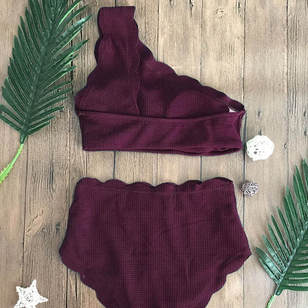 Summer Lady High Waisted Swimsuit Two Pieces Scalloped Trim One Shoulder Bikini Padded Bra Swimwear Solid Purple Green Beachwear |