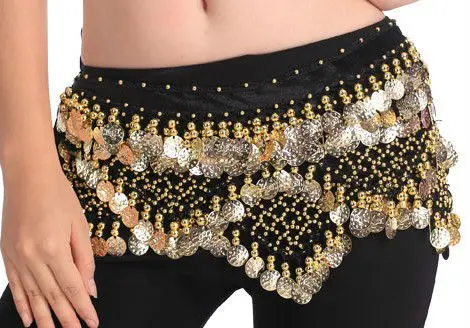 Набедренные шарфы для танца живота золотистые и серебристо-черные монеты 320 штук