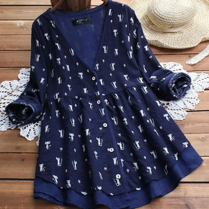 Women Blouses Shirts Print Cotton Flax Long Sleeve Blouse Loose Women's Tops New Arrival 2020 Spring Autumn Casual Female Shirt | Женская