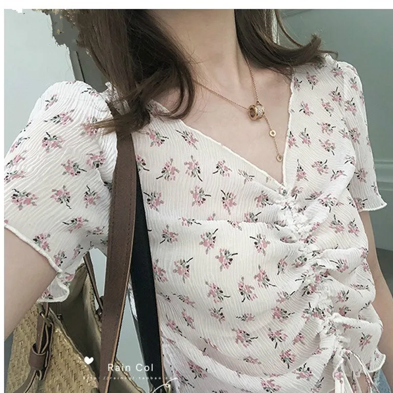 

Fashion 2019 shirt top pleated loose floral thin section drawstring small fresh Printed chiffon shirt blouse women