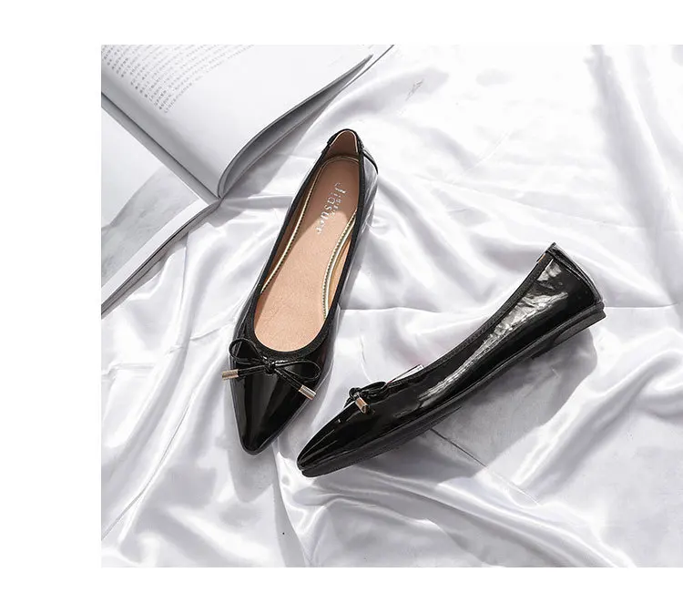 Chaussures femme; лакированные кожаные балетки на плоской подошве; женские лоферы с острым носком и бантом; обувь для медсестры на плоской подошве; большие размеры; эспадрильи; 193