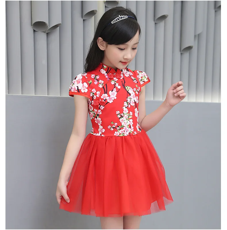 Cheongsam/платья для девочек Летние китайские платья с цветочным рисунком маленьких