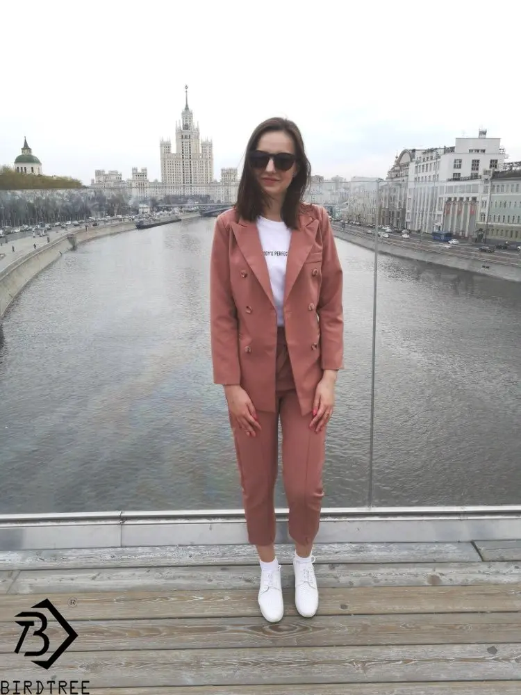 Женский офисный женский однотонный элегантный двубортный пиджак с отложным воротником брюки с поясом новые костюмы S88713Y