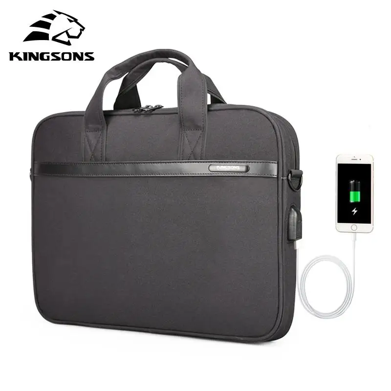 Kingsons 14,1 15,6 дюймов Сумка для ноутбука с usb-зарядкой сумка для ноутбука сумка для планшета водонепроницаемый топ-ручка сумки для мужчин и женщин - Цвет: Черный