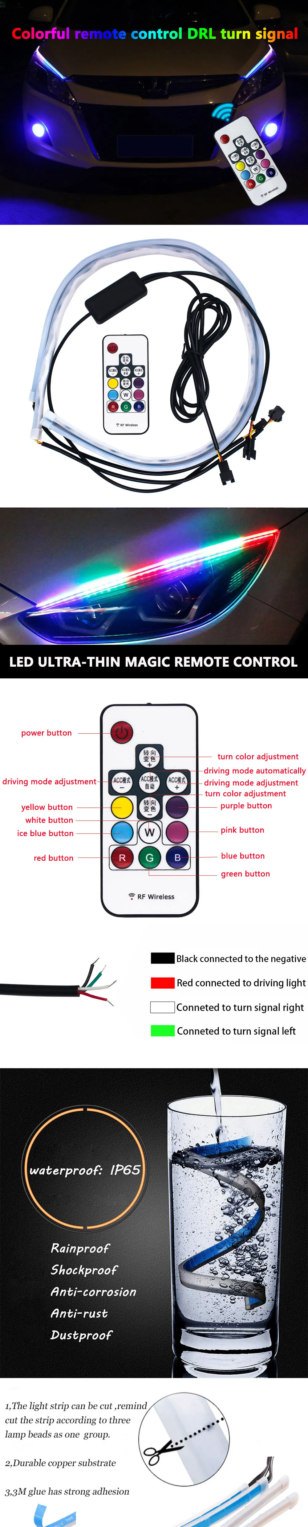 2 шт. RGB струящийся гибкий светодиодный DRL последовательный сигнал поворота светильник водонепроницаемый головной светильник полосы дневные ходовые огни дистанционное управление