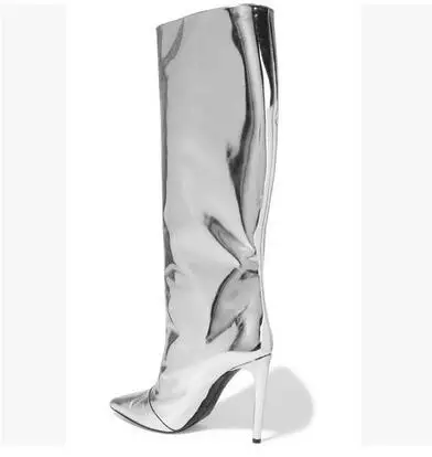 Newest  Designer Silver Mirror Leather Boots Pointed Toe Thin Heel Mid Calf Night Club Boot Women Autumn Winter shoes woman