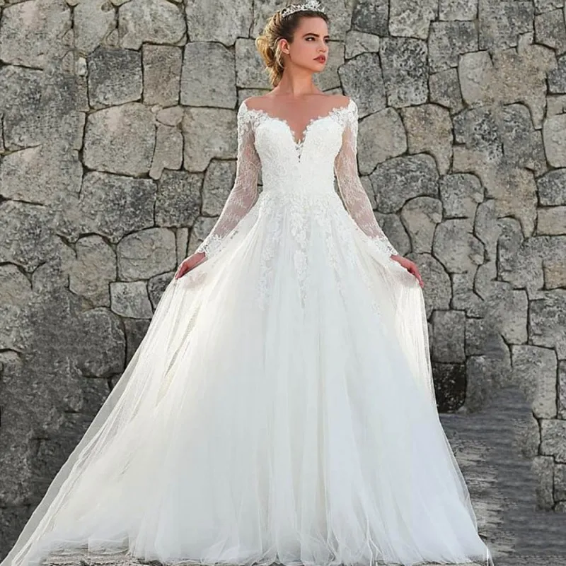 

Eightale Vintage Wedding Dresses Dubai Appliques Long Sleeve Lace Wedding Gown Backless Turkey Bride Dress robe vintage mariage