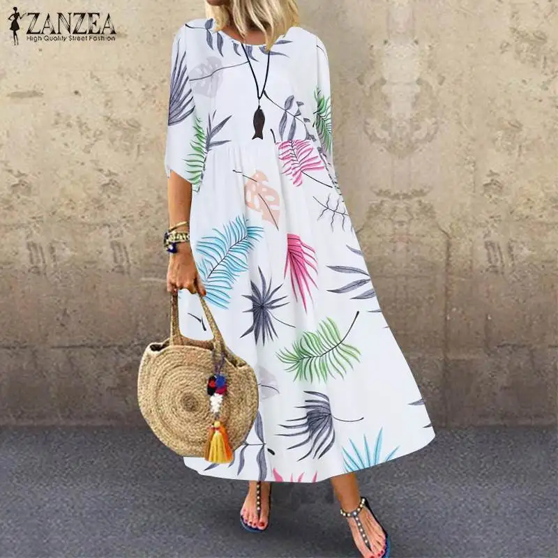 Длинное платье с принтом женский сарафан ZANZEA богемное повседневное макси Vestidos женское о-образным вырезом туника с рукавом три четверти халат негабаритный 5XL