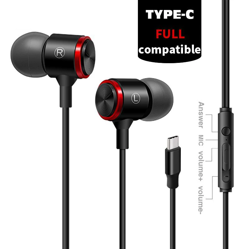 

Type-C Earphone Wired In-Ear Headset Stereo Earphones Volume Control USB C Earbuds Extra Bass With Mic for HTC OnePlus