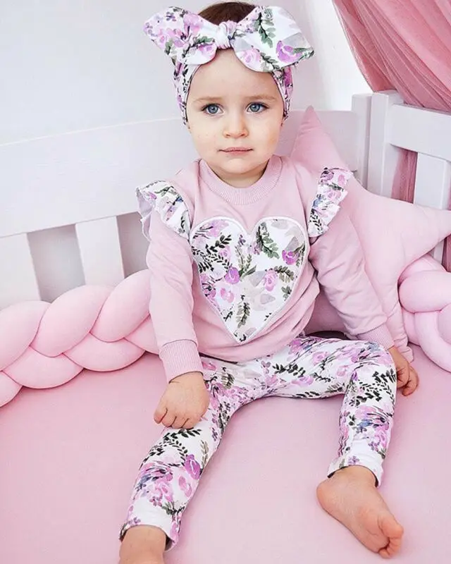 Kids Baby Girl Flroal O neck Tops + pink pants Headband Outfits Clothes Summer 3Pcs Kid Girls Clothing Set Drop Ship | Детская одежда и