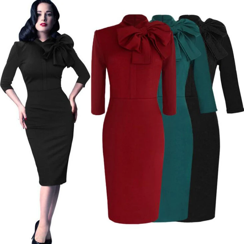 Женское винтажное платье карандаш Pinup облегающее с рукавом 3/4 и бантом|women elegant