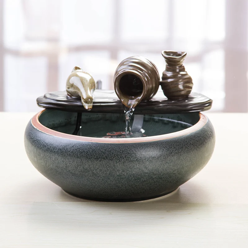 

110/220V Creative Teapot Water Fountain Ceramic Crafts Fish Tank Humidifier Hydroponics Flower Pot Feng Shui Lucky Desktop Decor