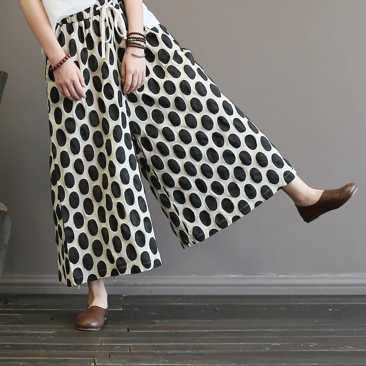 Women Wide Leg Pants Elastic Waist Trouser Autumn New Plus Size Clothes Black Red Dot Cotton Quality | Тематическая одежда и
