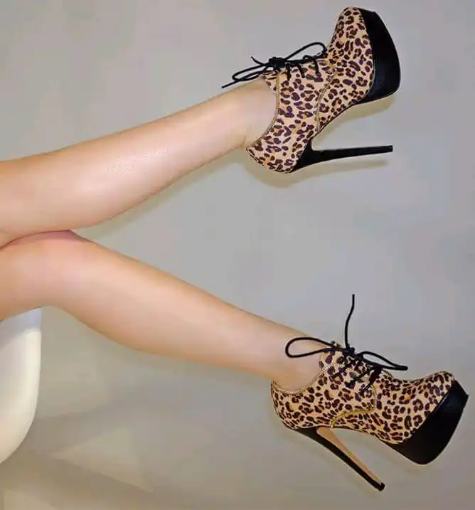 

Fashion Design Leopard Printed Platform High Heel Ankle Boots Women Lace Up Spring Fall Winter Thin Heeled Short Boots