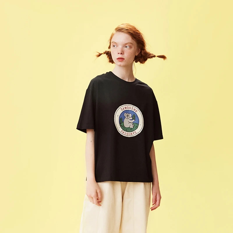 2019 Original Fashion Design Cartoon Koala Print Black Purple T-shirt Summer New Women's Cotton Round Neck Short-sleeved Shirt | Женская