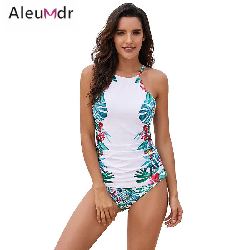 Aleumdr Купальники Белый лист и Цветочный принт Ruched Tankini Установить Два Купальник