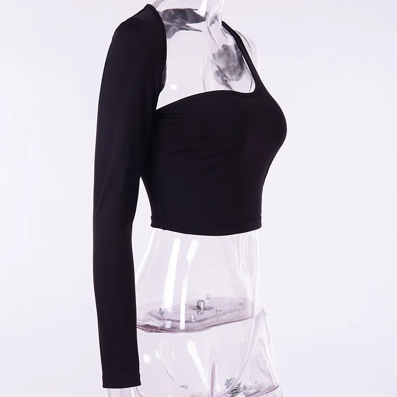 black crop top InstaHot, сексуальные хлопковые однотонные Короткие топы с одним рукавом, женские повседневные футболки на одно плечо с открытой спиной, элегантные эластичные черные футболки - Цвет: black crop top
