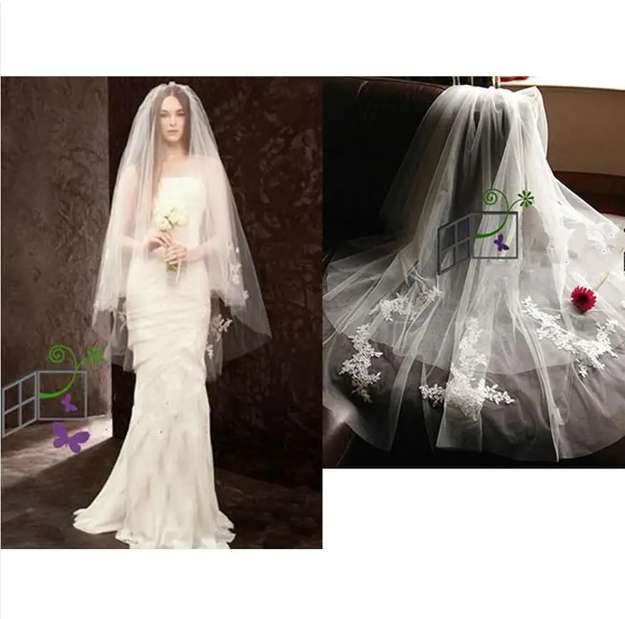 Белый Слоновой Кости Две Слоистые Кружева Свадебная Фата С Расческой Аппликация