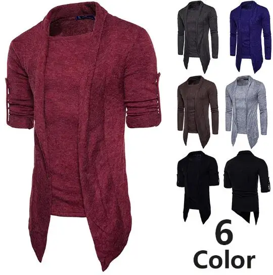 Hot Autumn Fashion Brand Men's Solid Color Long Thin Fake two pieces Cardigan Sweater Cotton Jumpers Men | Мужская одежда