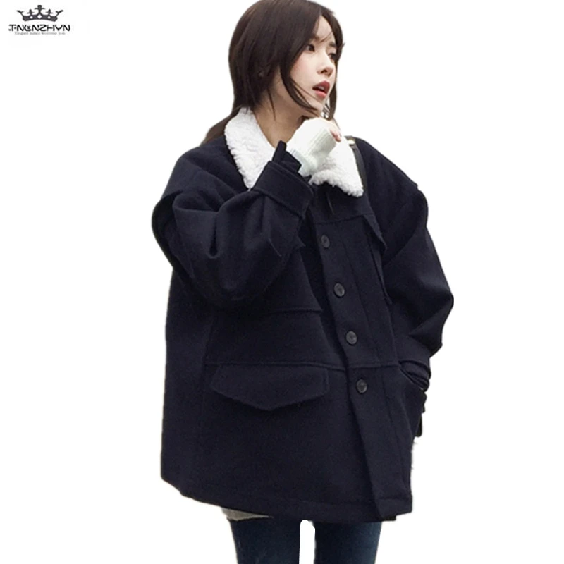 

2019 Autumn Winter Loose Thick Women Woolen Coat Female Short Outerwear Student Large size Woolen Coat High-end Casual Jacket