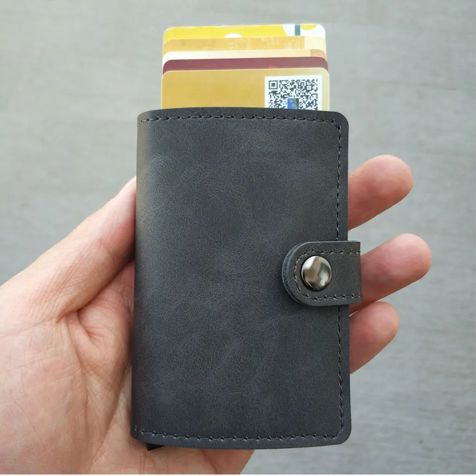 RFID Блокировка, винтажный кредитный держатель для карт, для мужчин, алюминиевый сплав, бизнес чехол для ID карты, автоматический мужской металлический кожаный держатель для карт, кошелек