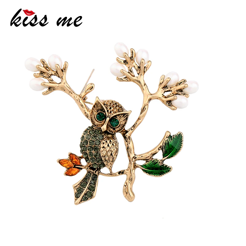 Женская Винтажная брошь KISS ME золотого цвета с зелеными эмалевыми листьями совы