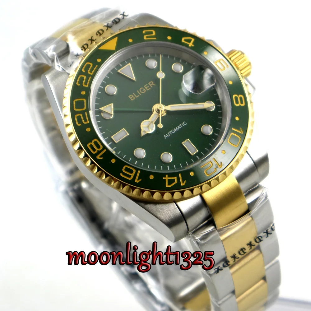 

Bliger 40mm Green Dial GMT Black Ceramics Bezel Gold side shells steel-Gold strap Automatic Men's Watch