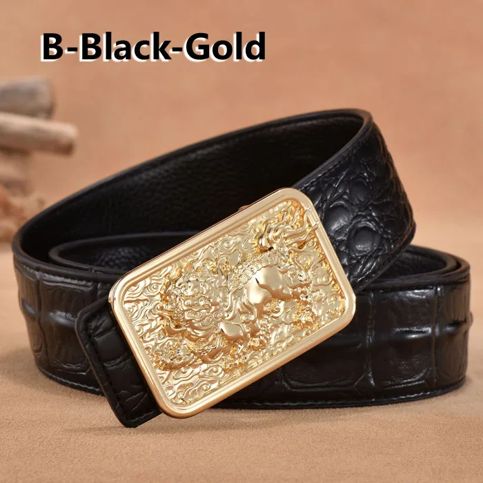 B-Black-Gold Дизайнерские ремни для мужчин от известного бренда, мужской ремень из натуральной кожи, широкий ремень, золотой, серебряный, Ceinture Homme Cinto Masculino - Цвет: B-Black-Gold
