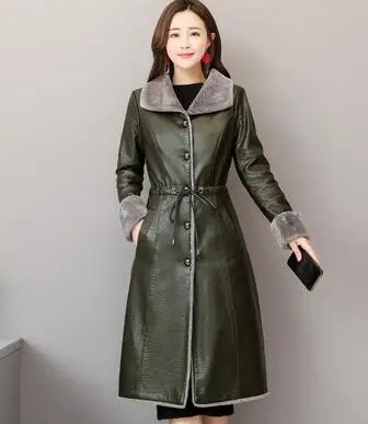 Dark green Женское зимнее кожаное Новое модное кожаное пальто плюс бархатное толстое теплое пальто тонкое повседневное женское кожаное пальто большого размера OK619 - Цвет: Dark green