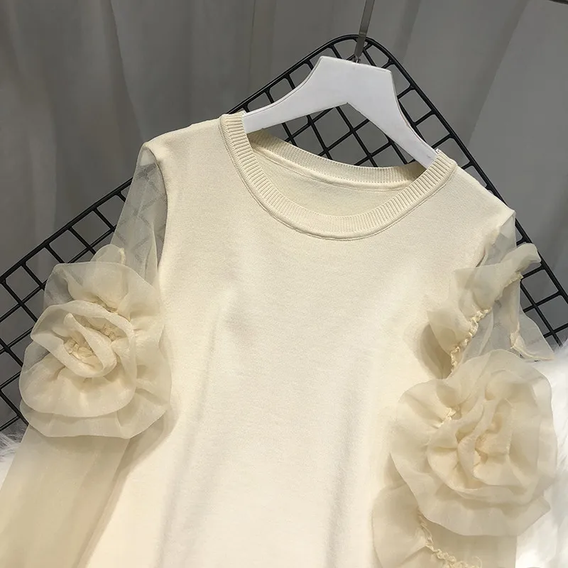LUOSHA Women 2020 Spring Summer Knitted Organza Patchwork Lantern Sleeve 3D Flower Pullover Sweater Top Fashion Tops Mujer Femme | Женская