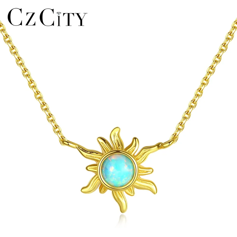 

CZCITY Genuine 925 Sterling Silver Sun Flower Fire Opal Pendant Necklace for Women Personality 3 Colors Charm Necklace Jewelry