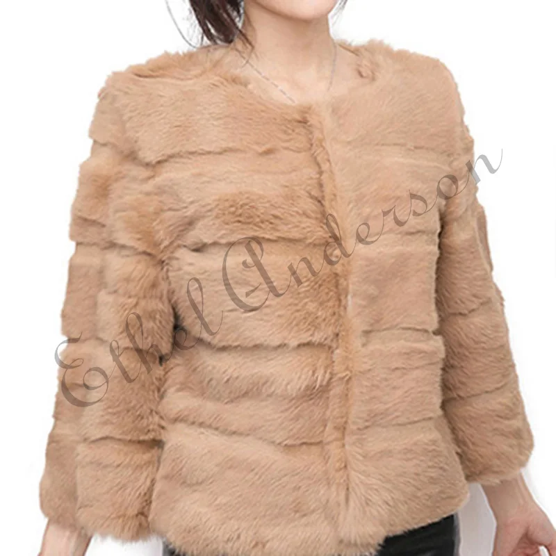 4 Khaki8 Женское пальто из натурального кроличьего меха с рукавом 3/4, короткая куртка, офисное пальто для леди - Цвет: 4 Khaki8